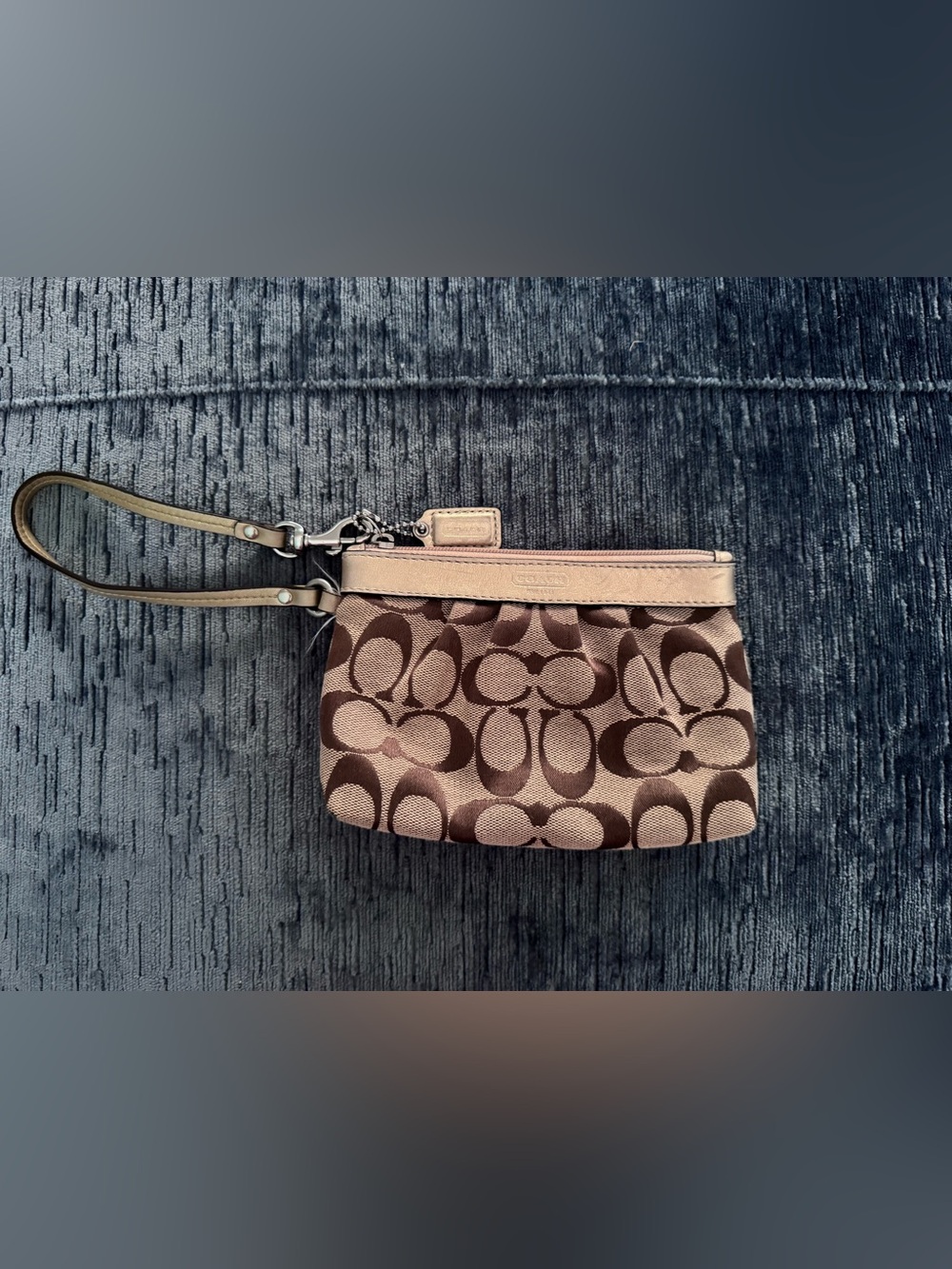 Coach Brown/Tan Signature Canvas Wristlet with Leather Trim